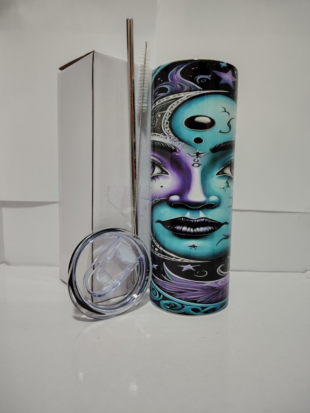 Celestial Face Stainless Tumbler - Teal & Purple
